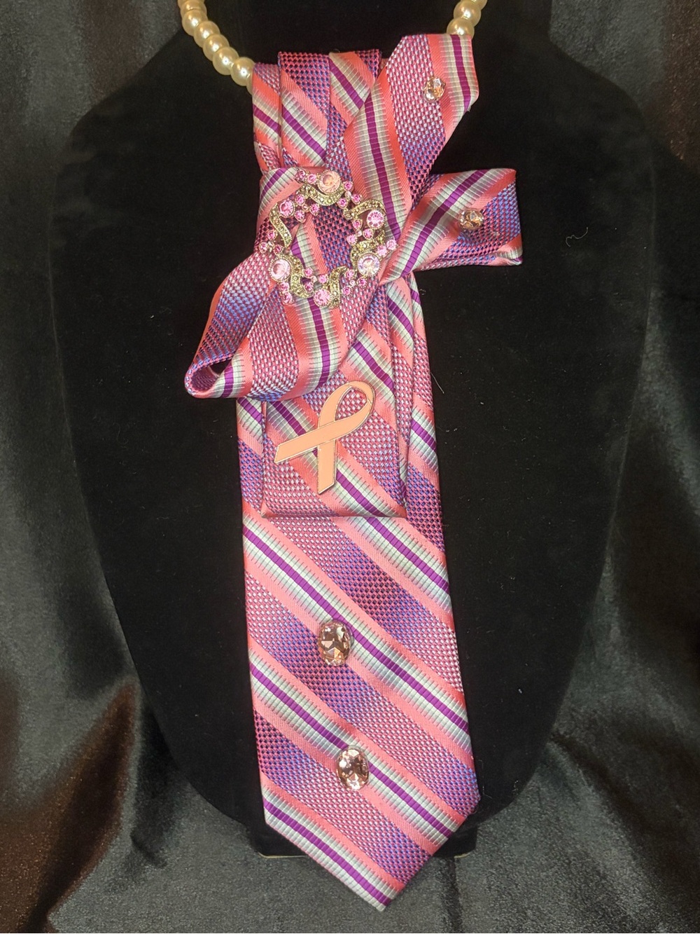 Pink & Purple Striped Ribbon Tiewith Decorative Brooch - Stacey Adam’s